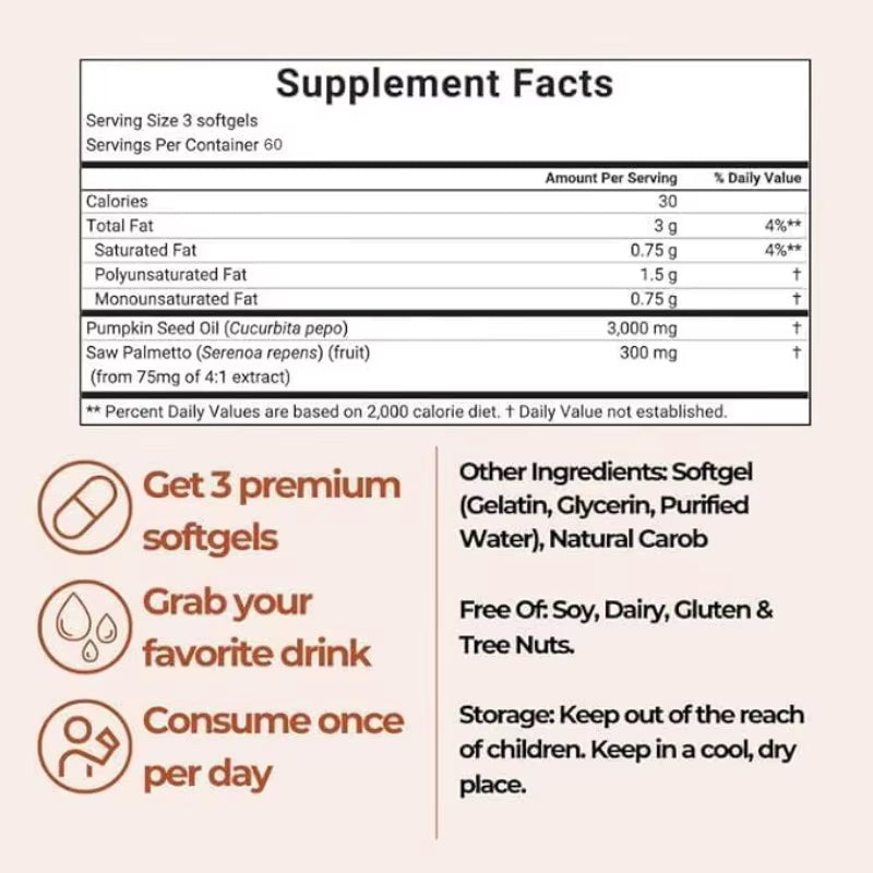 Pumpkin Seed Oil Soft Capsules 2 in 1 with Saw Palmetto Non-Gmo Natural Supplement Health Maintenance Regulation Blood Lipid