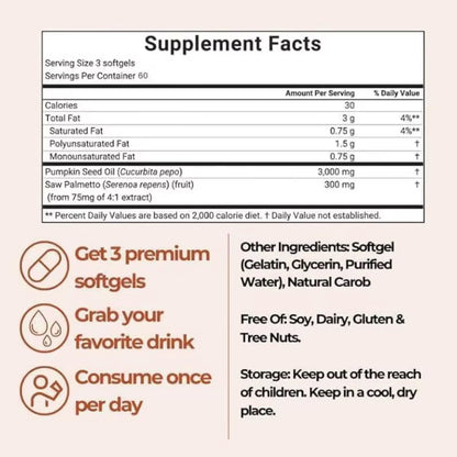 Pumpkin Seed Oil Soft Capsules 2 in 1 with Saw Palmetto Non-Gmo Natural Supplement Health Maintenance Regulation Blood Lipid