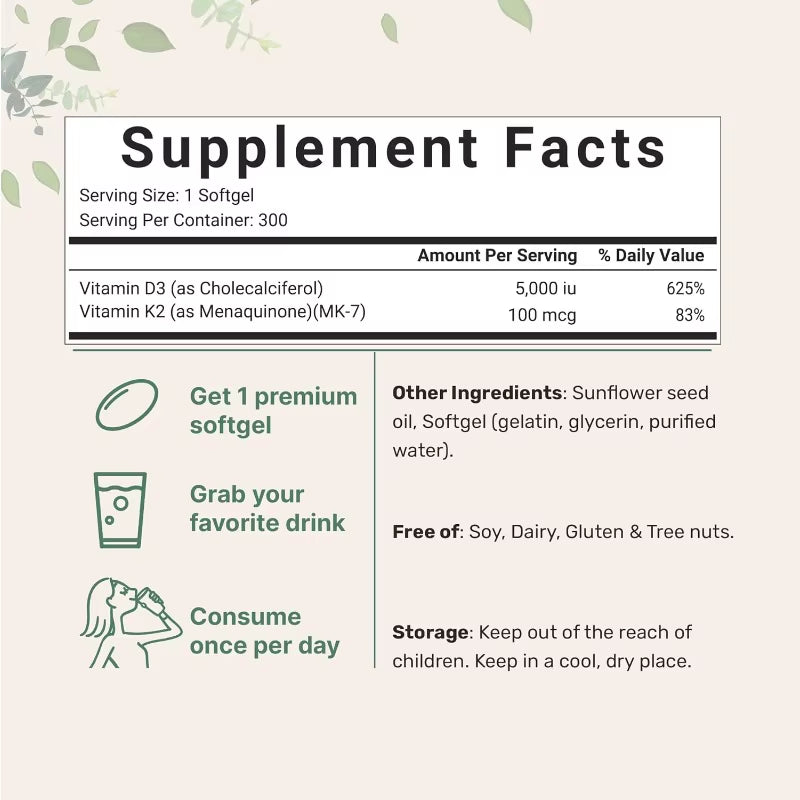 180 Pieces 2-In-1 Vitamin D3 K2 Capsules Liquid Filled with Sunflower Oil Easy to Swallow Non-Gmo No Gluten Calcium Metabolism